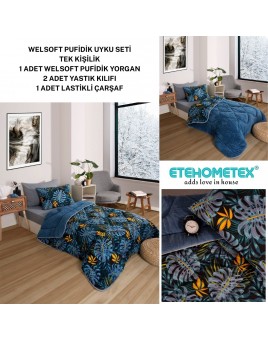 ETE HOMETEX TEK KİŞİLİK WELSOFT UYKU SETİ MONESTERA İNDİGO 8696474232016